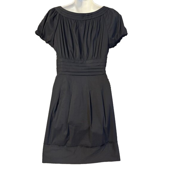 BCBGMaxAzria Dress 4 Small Black Stretch Cotton Puff Short Sleeve Pockets - Picture 2 of 9